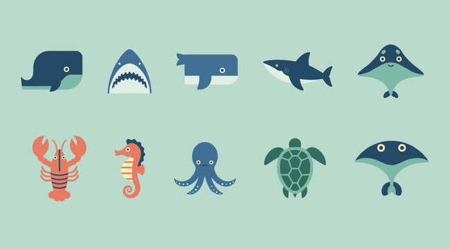 Marine life and sea animals collection featuring whale shark octopus seahorse turtle and stingray in minimalist geometric flat vector style