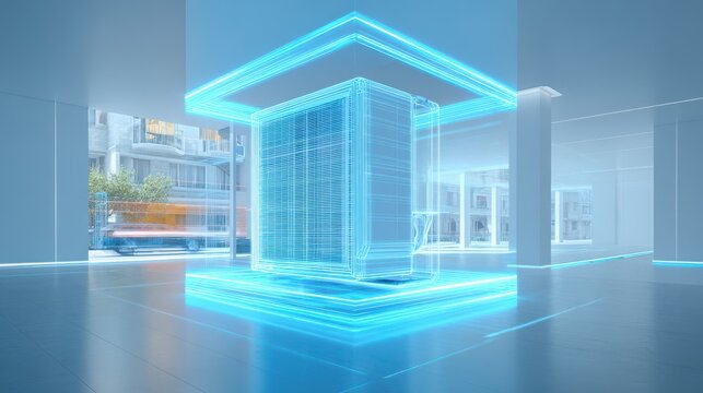 Futuristic digital twin of an air conditioning heat pump unit as a glowing blue hologram in a modern architectural space - Powered by Adobe