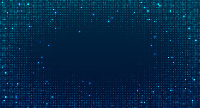 Modern blue glowing dot mosaic background. Digital pixel grid pattern for technology branding, scientific visuals, medical and corporate presentations