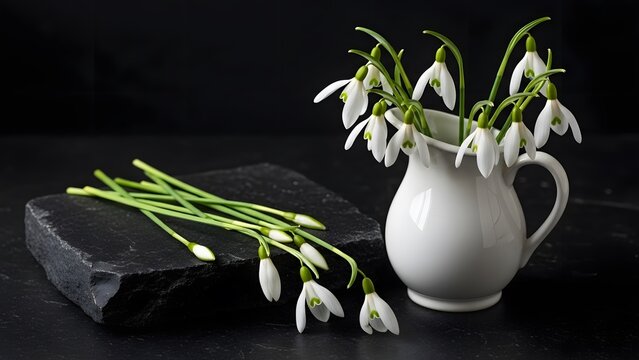 Saint brigid's day flowers snowdrops in vase and on stone block for irish tradition and symbolism on february 1st
