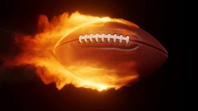 Fiery american football soaring through flames in dynamic motion sequence