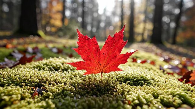 Red Autumnal Leaf Amidst Mossy Terrain: A vibrant red maple leaf stands out boldly against the lush, green backdrop of moss, painting a vivid picture of the autumn season.