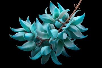 Close up of jade vine blossom cluster with turquoise petals isolated on black background