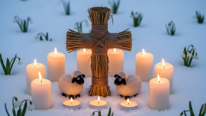 Saint brigid's day celebration with cross and candles in snow