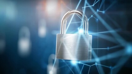 Digital Security Sentinel: A gleaming padlock stands as a symbol of unwavering protection and security in the digital realm. The lock, intricate network lines, and soft. - Powered by Adobe