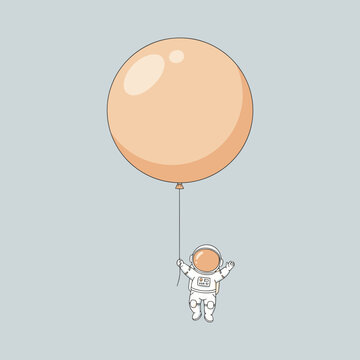 Small cute astronaut floating in space holding a giant peach colored balloon flat vector illustration concept for space exploration dreams