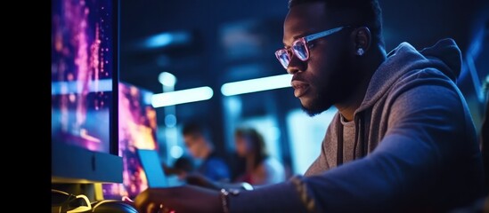 Young Black Man Wearing Glasses Working on Laptop in a Dark Room with Neon Lights.