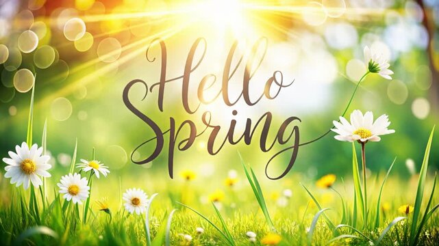 Sunny meadow with white daisies and dew, hello spring lettering over bokeh greenery, low angle grass in foreground and sun rays in background, cheerful seasonal greeting atmosphere