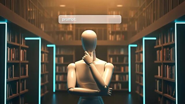 A mannequin is thinking about search prompt in the library for the concept of information.
