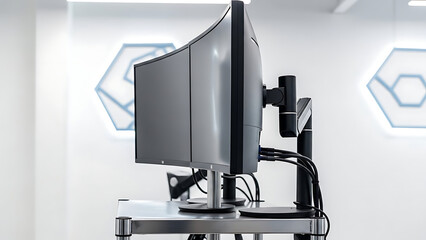 Dual monitor computer workstation with sleek modern design and adjustable stand in office environment - Ai Generated