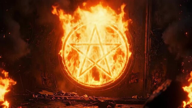 Fiery pentagram symbol burning intensely against a dark, textured background, creating a dramatic scene.