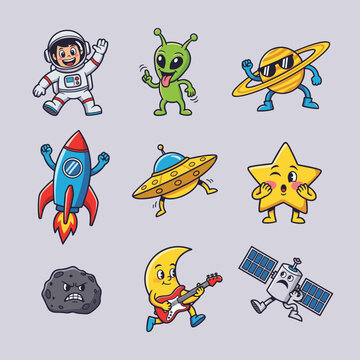 Fun collection of cute space characters and objects including astronaut, alien, rocket, ufo, star, moon, and satellite in cartoon doodle style