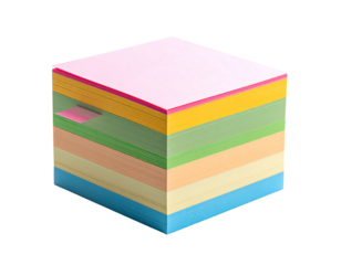 Cube-shaped stack of colorful sticky notes, with a lone pink one protruding