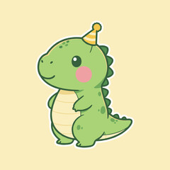 Obraz premium Adorable green dinosaur character wearing a yellow party hat with a pink cheek standing on a warm yellow background in a flat cartoon style