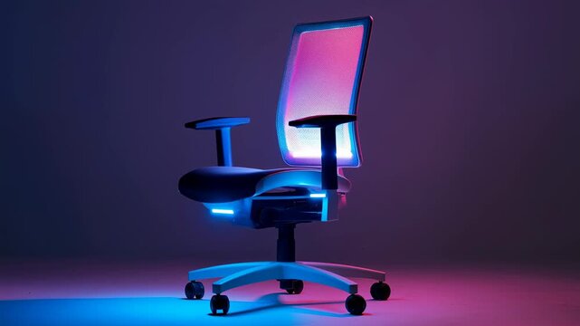 Ergonomic office chair mesh back adjustable armrest modern design illuminated by blue and pink light, comfortable seating with mesh backrest and rolling wheels, contemporary workspace and stylish
