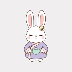 Obraz premium Sweet White Rabbit Character Wearing Purple Hanfu Holding Tea Pot Cute Oriental Bunny Vector Illustration for Culture and Traditional Themes