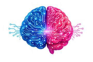Human digital brain merging technology with intelligence, creating neural network connections for artificial superintelligence concept