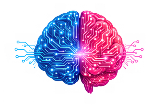 Human digital brain merging technology with intelligence, creating neural network connections for artificial superintelligence concept - Powered by Adobe