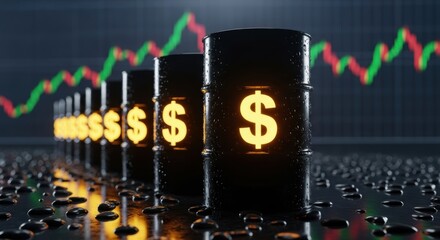 Black oil barrels with glowing dollar signs, with a financial graph background showing rising and falling trends. Oil price fluctuation concept for energy market.