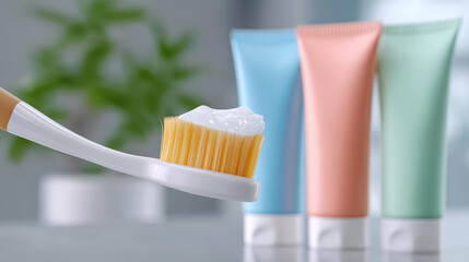 A vibrant close-up of applying toothpaste on brush showcases a minty fresh tube next to radiant dental products, illustrating effective dental care and encouraging better health practices for all