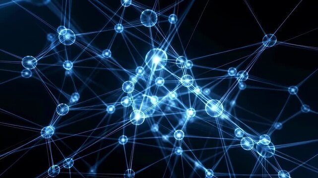 Dynamic digital network flow with glowing connections and pulsating data exchange