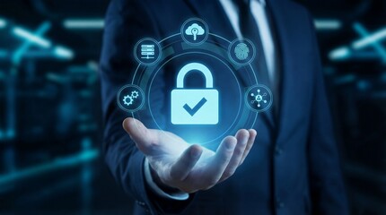 Businessman holding glowing padlock icon for cyber security and data protection concept