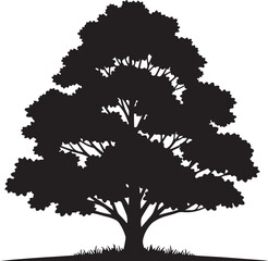 Fototapeta premium Minimalist black tree silhouette illustration with a thick leafy canopy and intricate branch structure isolated on a white background for environmental nature and park design