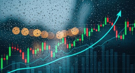 Green arrow pointing upward on financial graph. Business growth chart with rising trend line. Digital stock market data visualization for investment analysis.