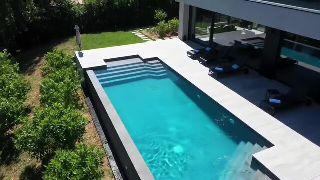 Modern luxury pool and contemporary house in a beautiful backyard setting.
