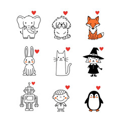 Adorable Hand-Drawn Cartoon Animals and Characters with Hearts, Cute Illustrations.