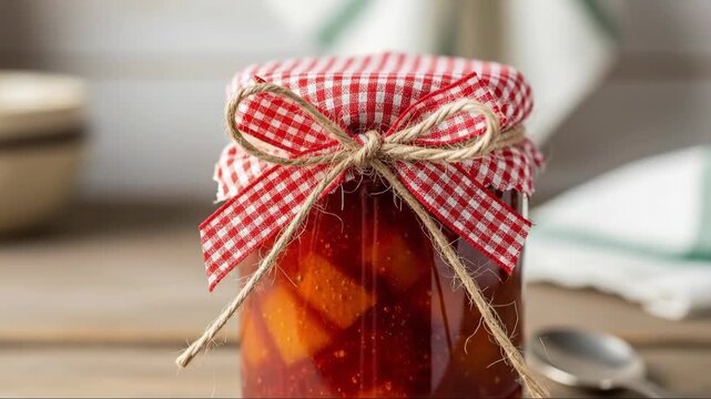 Closeup pan over homemade preserves jar with rustic checkered cloth and twine bow