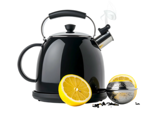 Sleek, black tea kettle with lemons and a steeping sphere, steam rising