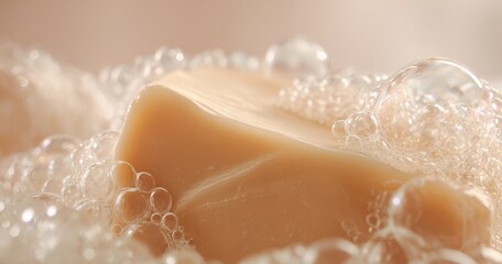 The Bar of Soap Nestled in Creamy Bubbles and Soft Foam for Bathing