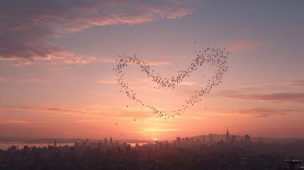 A stunning sunset view over a city skyline, with a heart-shaped formation of birds flying across the sky, 8k, realistic, full ultra HD, high resolution, cinematic photography
