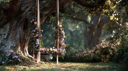 A swing decorated with flowers and ribbons hanging from an old tree, garden setting, soft afternoon light filtering through leaves, 8k, realistic, full ultra HD, high resolution, cinematic photography