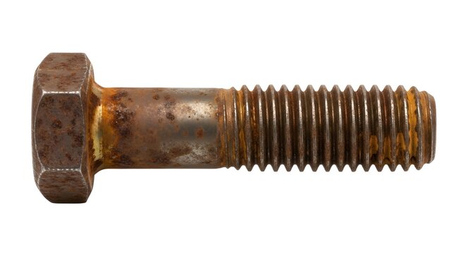 Rusty hexagonal bolt with threaded shaft showing corrosion and oxidation