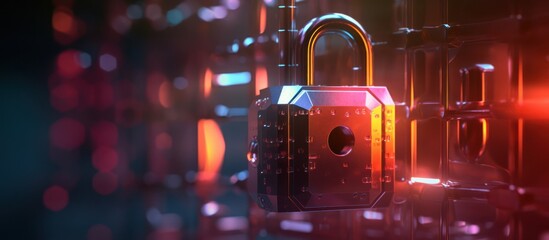 Cybersecurity concept - a digital padlock on a circuit board with glowing neon lights.
