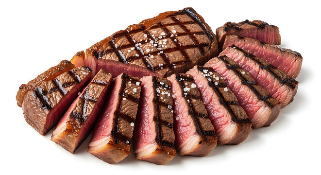 Brazilian grilled top sirloin steak (alcatra), sliced and juicy, classic churrasco cut, isolated on white background.