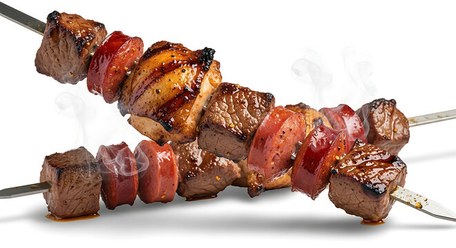 Brazilian mixed barbecue skewer with beef, chicken, and sausage, grilled over fire, isolated on white background.