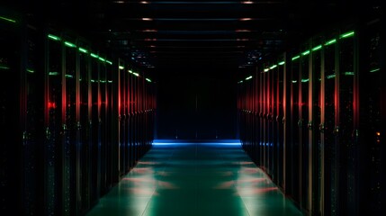 Futuristic data center rows glow with cool blue light a modern digital innovation concept