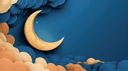 Golden crescent moon glowing on deep blue night sky. Elegant Ramadan background symbolizing faith, peace and spirituality, perfect for Islamic greeting, Eid banner 