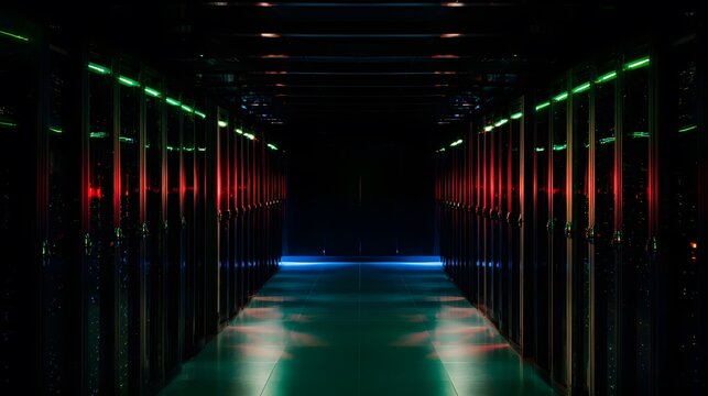 Futuristic data center rows glow with cool blue light a modern digital innovation concept - Powered by Adobe