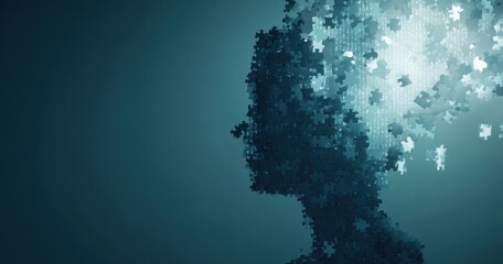 The Human Head Composed of Puzzle Pieces Dissolving into Light and Data