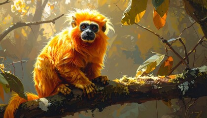 Golden snub-nosed monkey sitting on mossy branch in autumn forest sunlight