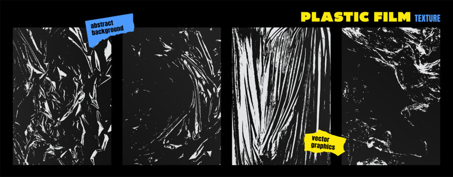 Modern set of polyethylene textures. Textured crumpled plastic film. Stretched wrinkled cling film. Grunge vector graphics of cellophane packaging for template, mockup, print, cover, flyer