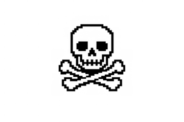 Pixel art skull and crossbones symbol for death, danger, warning and hazard, transparent background
