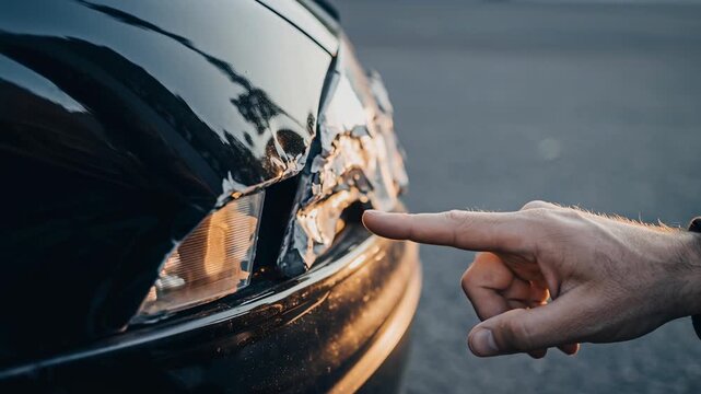 Car insurance accident estimate damage assessment with hand pointing scratched dented cracked black vehicle front bumper for claim appraisal inspection documentation of minor crash damage asphalt road