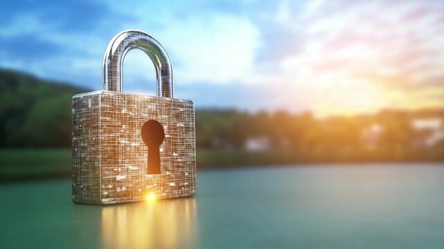 Digital Security: An illuminated padlock, a beacon of digital security, rests serenely upon a calm body of water, with a blurred natural landscape in the background, a metaphor for protecting data.