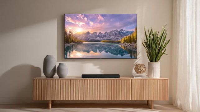 Modern minimalist living room interior with wall mounted TV above a wooden fluted sideboard and home decor