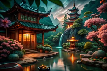 Fototapeta premium A serene Asian temple surrounded by lush gardens and a peaceful pond at dusk